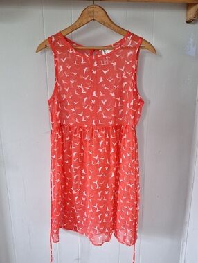 Wurl Coral Sleeveless Dress with White Bird Print